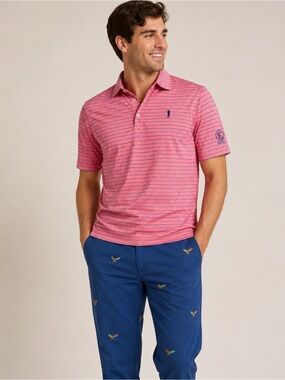 Johnnie-O Golf Polo Shirt Large Pink Blue Stripe Stretch Performance SI Golf